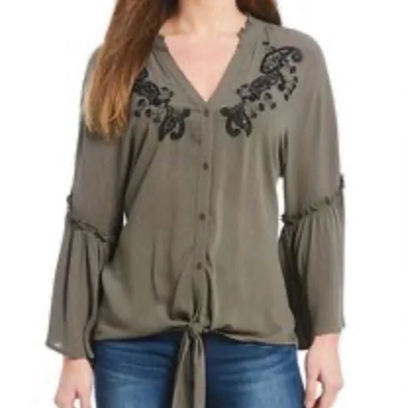 Democracy Olive Blouse with Black Floral Detail - Picture 8 of 8